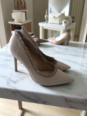 SAM EDELMAN Lavender Gray Fringe Fabric Trim Heels Size 9.5